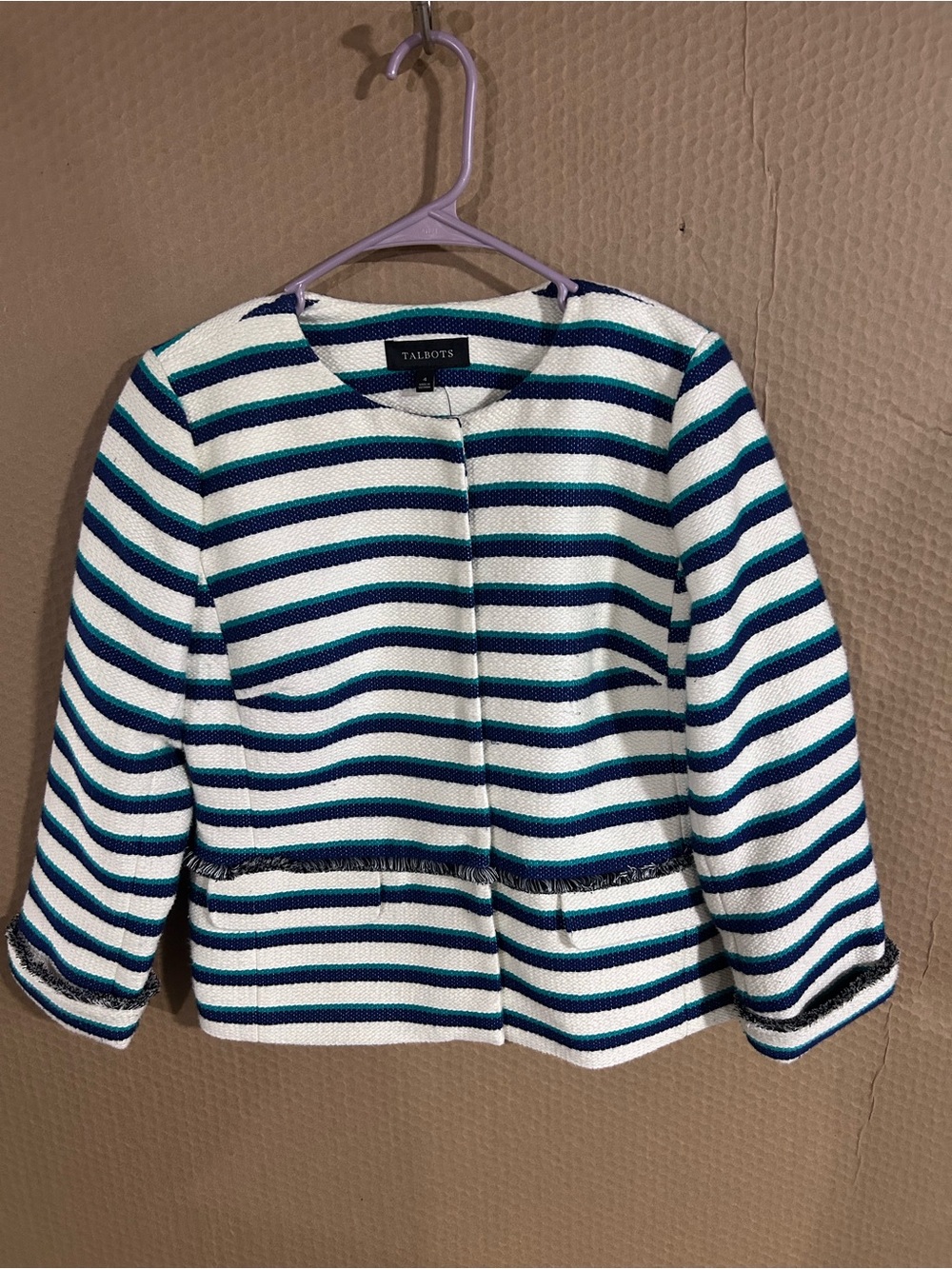 Talbots Striped Cropped Jacket in White, Navy & Teal